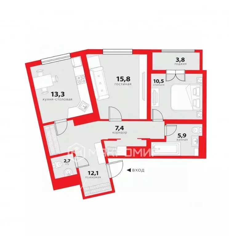 2-к кв. Санкт-Петербург Смоленская ул., 14 (71.6 м) - Фото 1