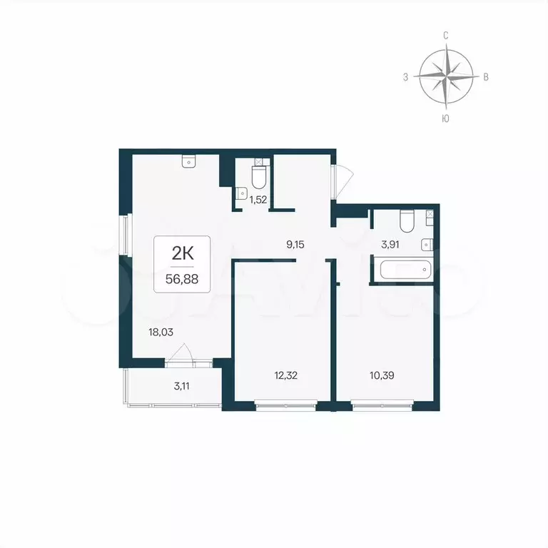 2-к. квартира, 56,9 м, 4/8 эт. - Фото 0