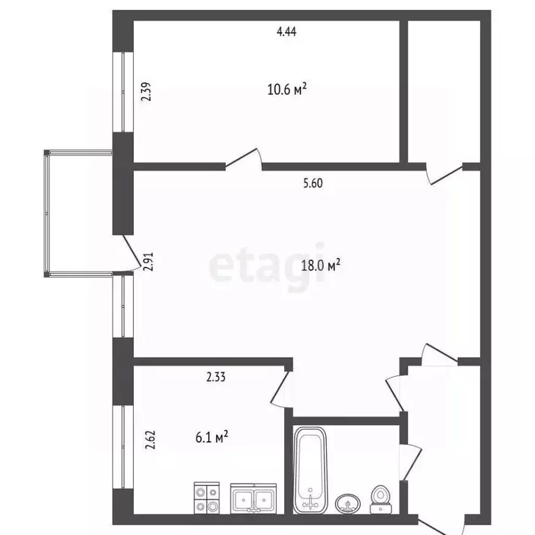 2-к кв. Челябинская область, Челябинск ул. Елькина, 59 (43.8 м) - Фото 1