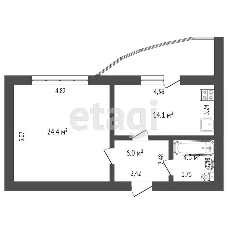 1-комнатная квартира: Тюмень, Харьковская улица, 68 (48.3 м) - Фото 0