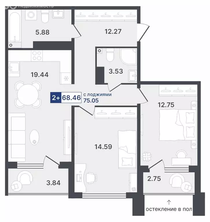 2-комнатная квартира: Тюмень, Ставропольская улица, 1 (68.46 м) - Фото 0