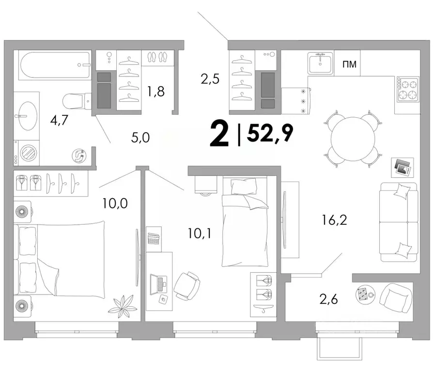 2-к кв. Владимирская область, Владимир Уно жилой комплекс (52.9 м) - Фото 1