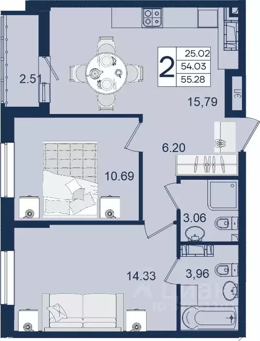 2-к кв. Краснодарский край, Краснодар  (55.28 м) - Фото 1