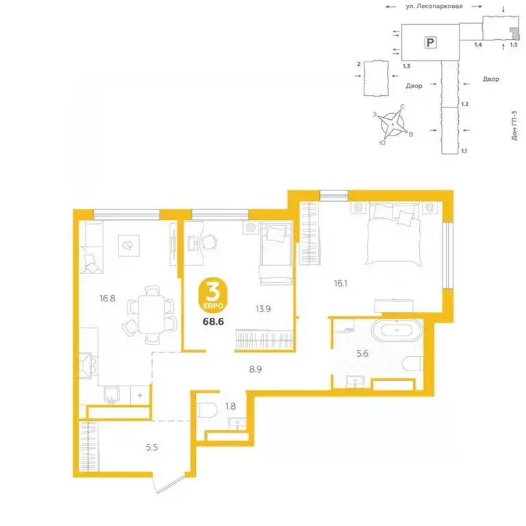 3-к кв. Тюменская область, Тюмень ул. Лесопарковая, 22 (68.6 м) - Фото 1
