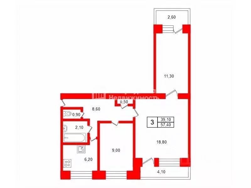3-к кв. Санкт-Петербург просп. Авиаконструкторов, 3К1 (57.4 м) - Фото 2