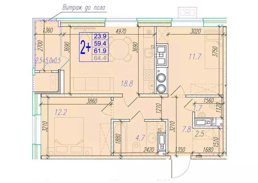 2-к кв. Астраханская область, Астрахань ул. Трофимова, 104Е (61.9 м) - Фото 0