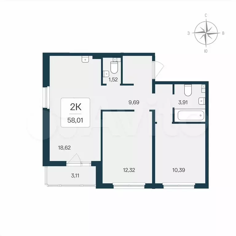 2-к. квартира, 58 м, 2/8 эт. - Фото 0