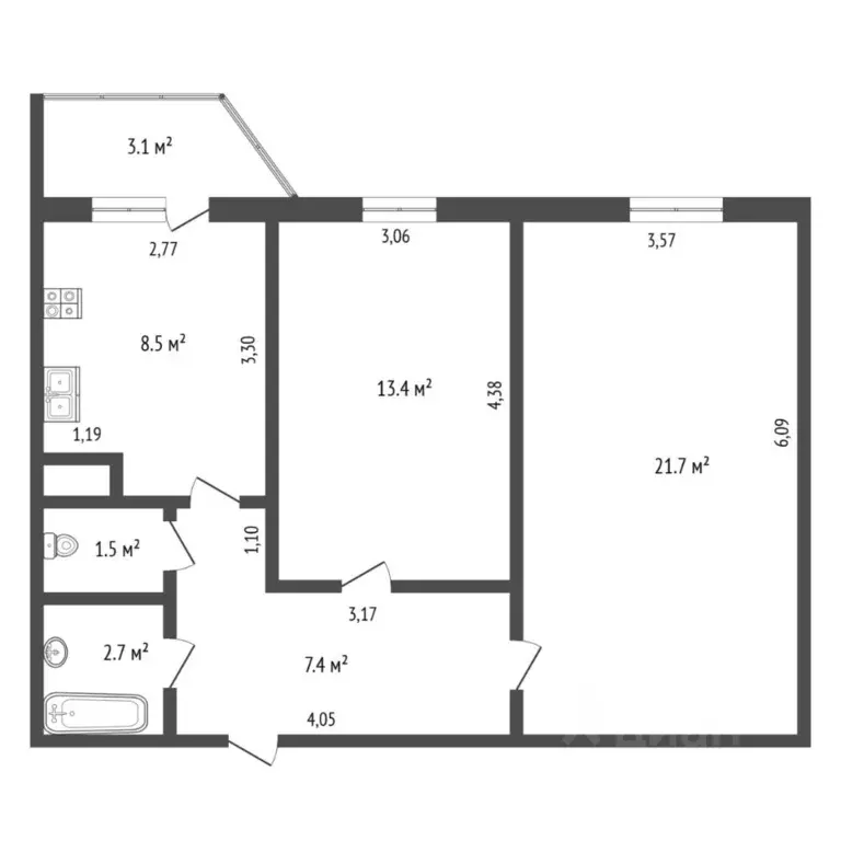 2-к кв. Тюменская область, Тюмень ул. Михаила Сперанского, 23 (55.1 м) - Фото 2