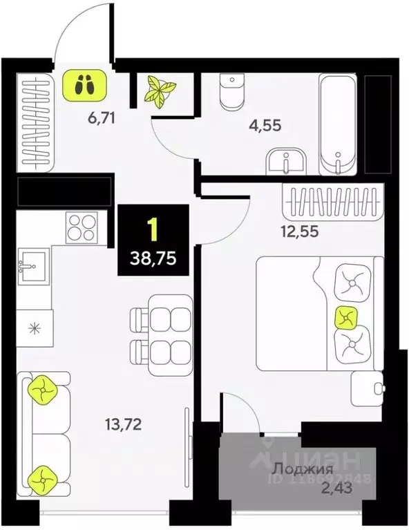 1-к кв. Тюменская область, Тюмень ул. Андрея Приказнова, 7 (38.75 м) - Фото 0