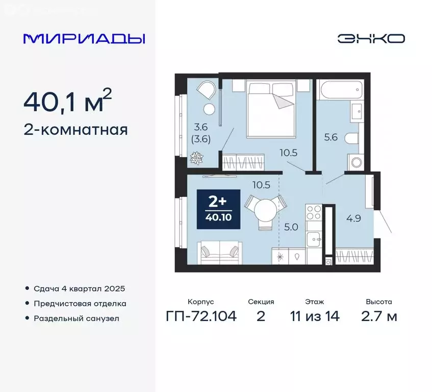 2-комнатная квартира: Тюмень, ЖК Мириады (40.1 м) - Фото 0