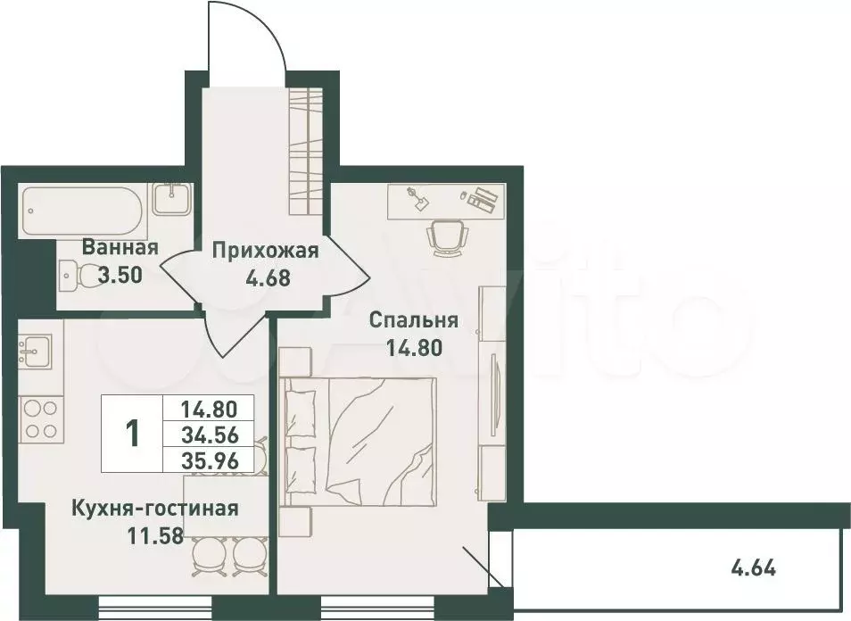 1-к. квартира, 36 м, 4/16 эт. - Фото 0