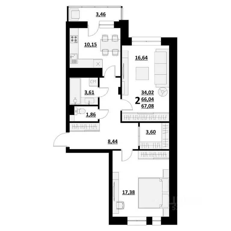 2-к кв. Белгородская область, Белгород ул. Квасова (67.08 м) - Фото 1