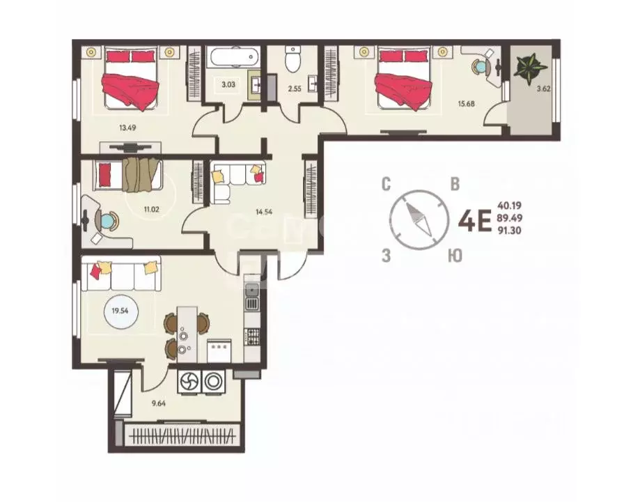 3-к кв. Липецкая область, Липецк ул. Механизаторов, 15Авл1 (91.3 м) - Фото 2