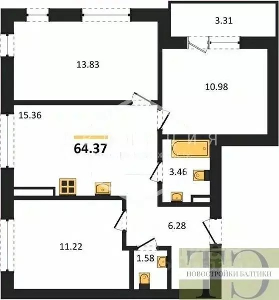 3-к кв. Калининградская область, Зеленоградский муниципальный округ, ... - Фото 0