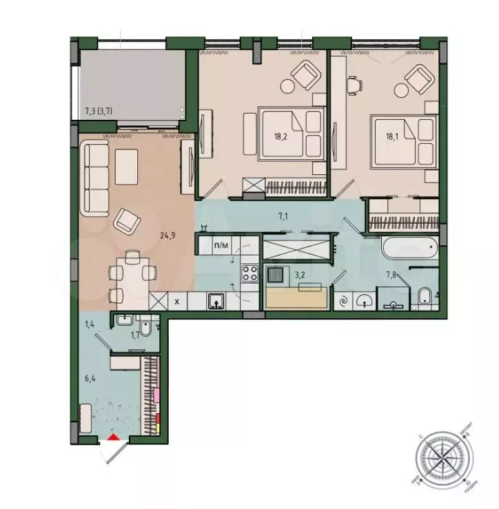 2-к. квартира, 91 м, 9/10 эт. - Фото 1