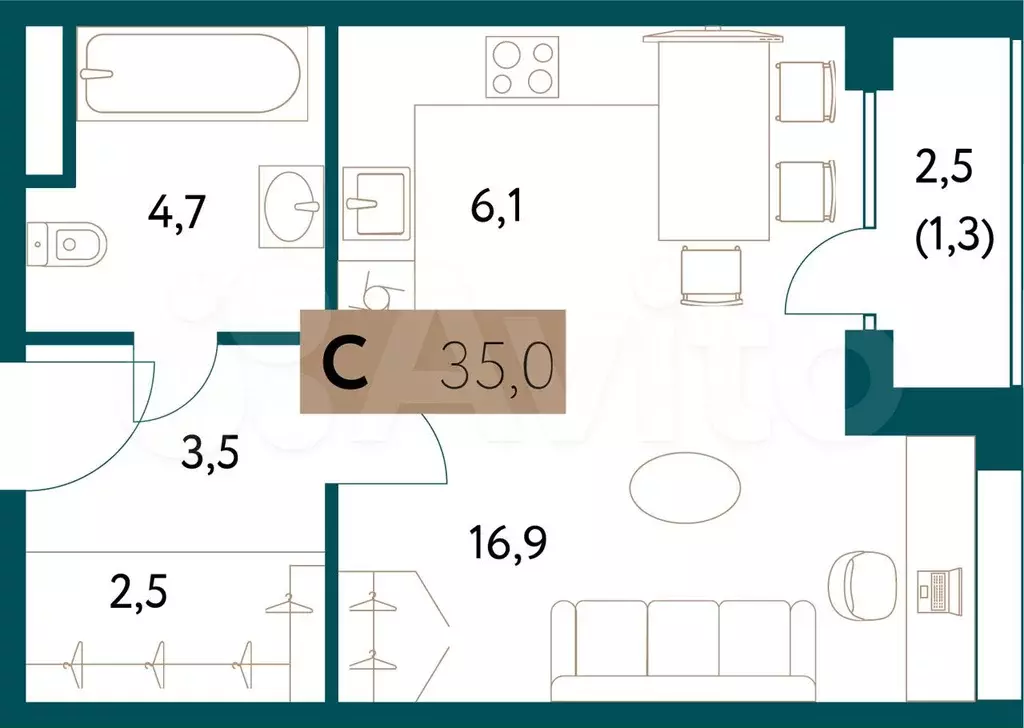 Квартира-студия, 35,1 м, 8/15 эт. - Фото 0