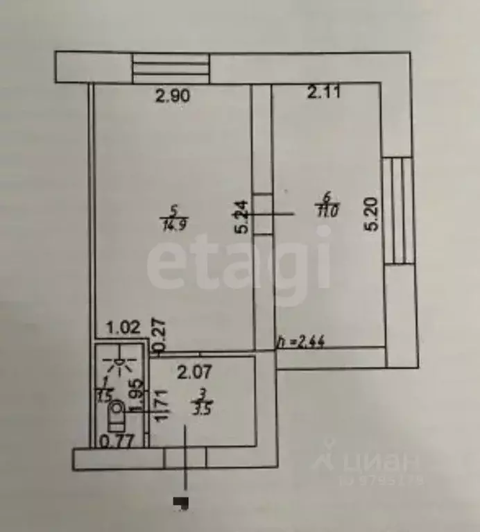 2-к кв. Татарстан, Казань ул. Нурсултана Назарбаева, 54 (30.9 м) - Фото 2