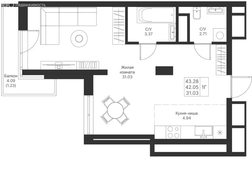 1-комнатная квартира: Казань, ЖК Мой Ритм, ПК14 (43.28 м) - Фото 0