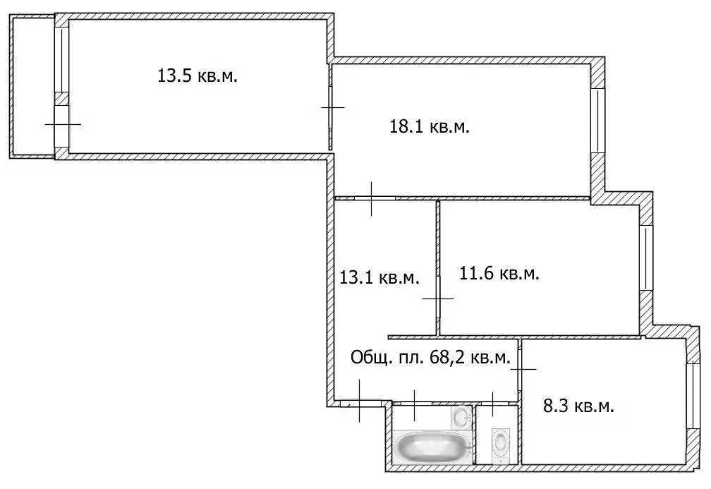 Квартира, 3 комнаты, 68.2 м - Фото 0