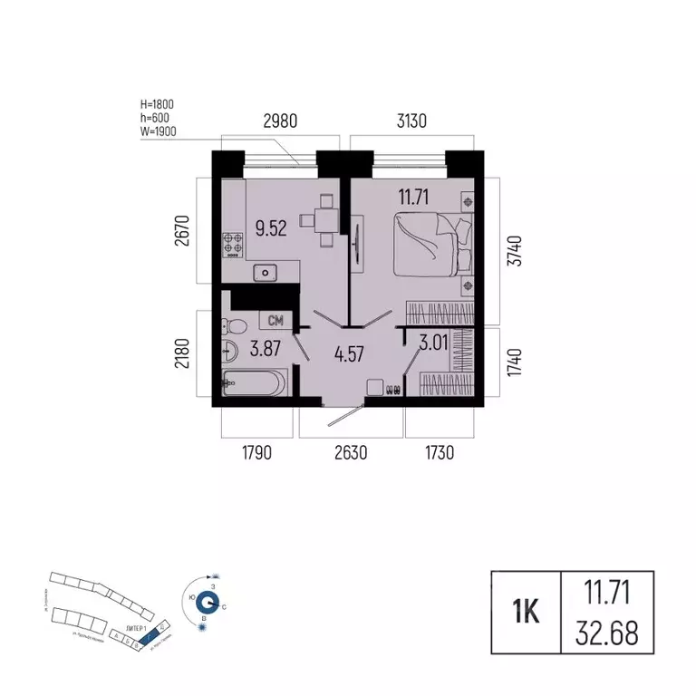 1-к кв. Башкортостан, Уфа Глумилино-1 мкр, Новатор жилой комплекс ... - Фото 1