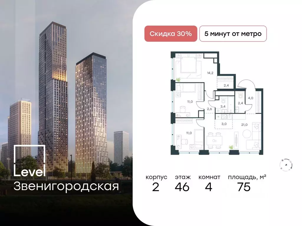 4-к кв. Москва Левел Звенигородская жилой комплекс, к1 (75.0 м) - Фото 0