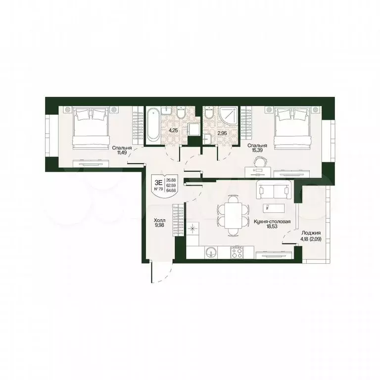 2-к. квартира, 64,7 м, 3/4 эт. - Фото 0