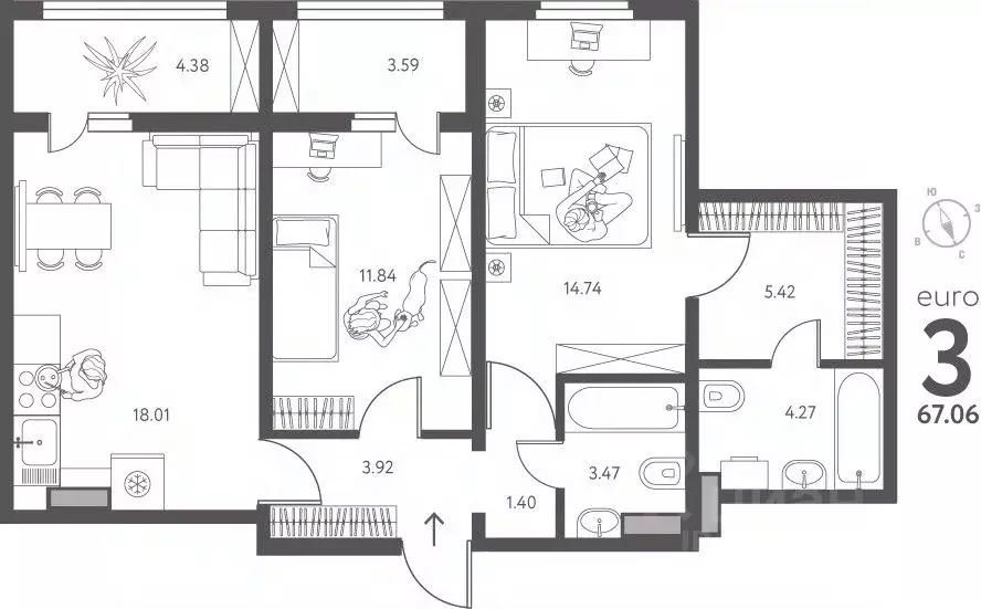 2-к кв. Липецкая область, Липецк ул. Перова, 2Г (67.06 м) - Фото 1