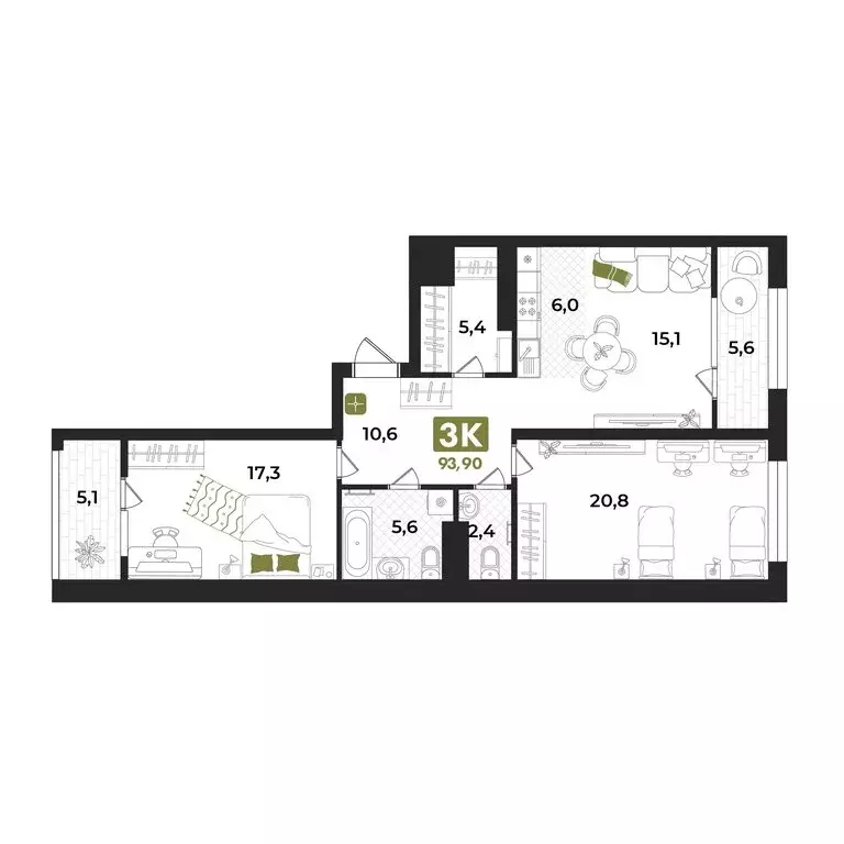 3-комнатная квартира: Тюмень, улица Евгения Войнова, 7 (93.6 м) - Фото 1