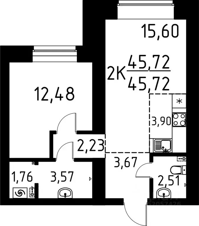 2-к кв. Томская область, Томск ул. Вершинина, 58к2 (45.38 м) - Фото 0