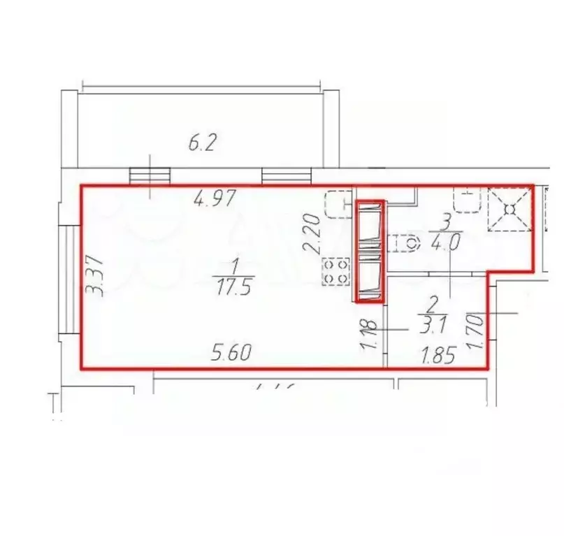 Студия Санкт-Петербург аллея Арцеуловская, 17 (24.6 м) - Фото 2