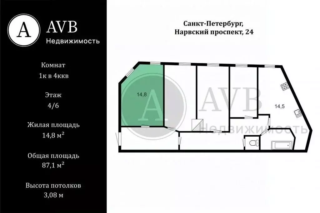Комната Санкт-Петербург Нарвский просп., 24/2 (14.8 м) - Фото 2