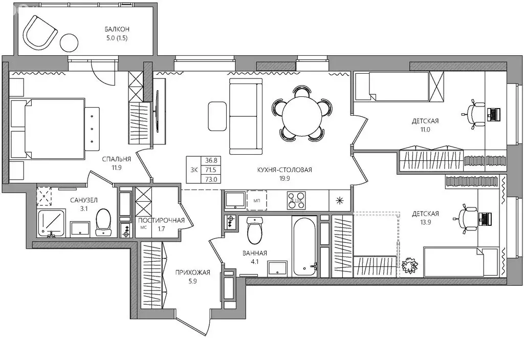 3-комнатная квартира: Пермь, Батумская улица, 21 (73 м) - Фото 1