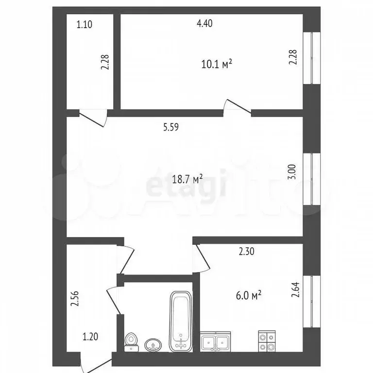 2-к. квартира, 44,1 м, 2/4 эт. - Фото 0