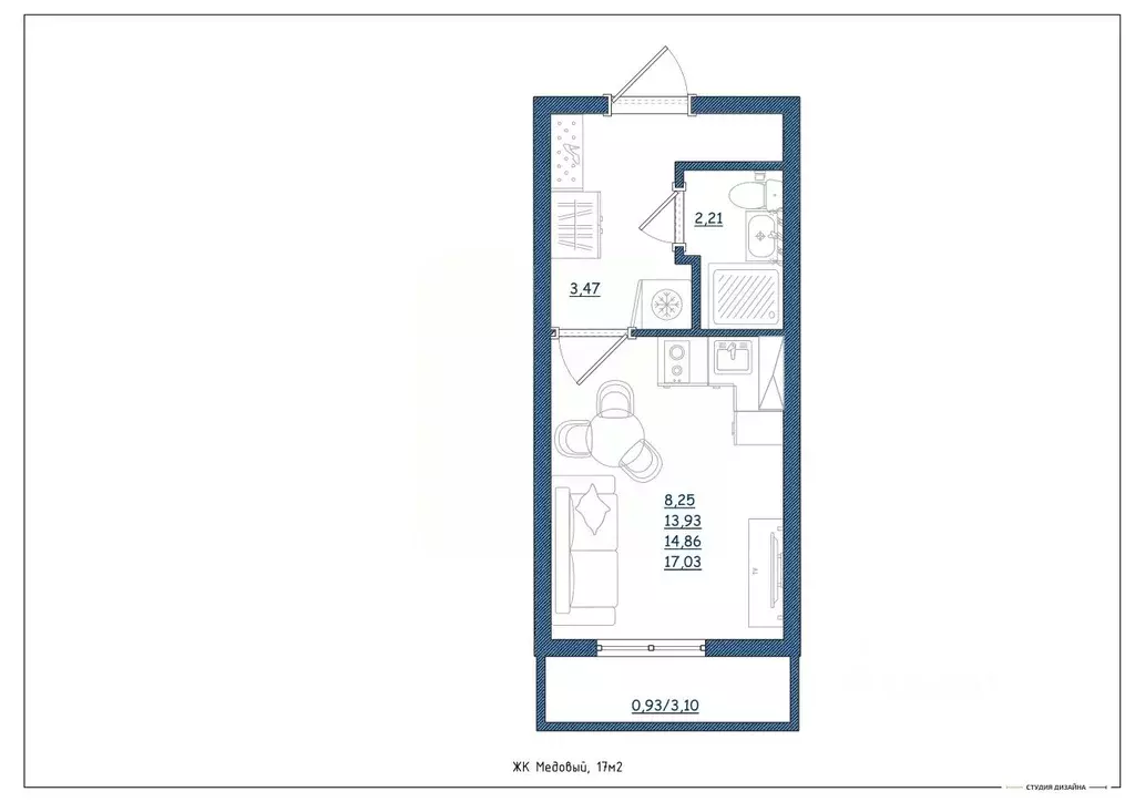 Студия Тверская область, Тверь ул. Медовая, 9к6 (17.0 м) - Фото 1