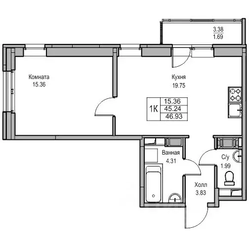 1-к кв. Санкт-Петербург ул. Ивинская, 5к2 (46.93 м) - Фото 1