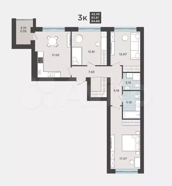 3-к. квартира, 82,6 м, 3/9 эт. - Фото 1