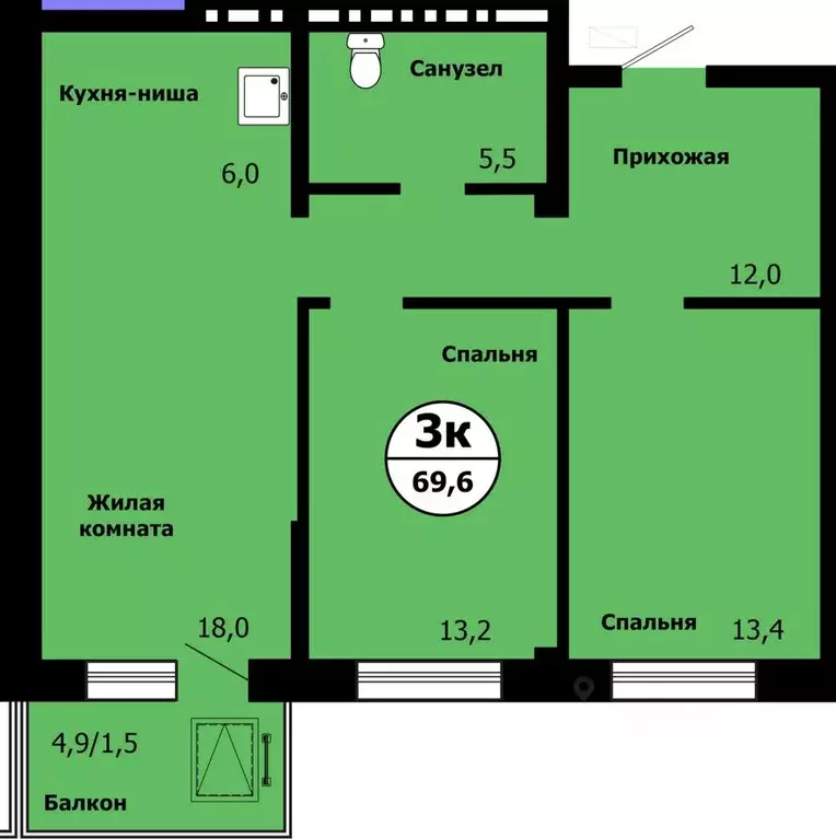 3-к кв. Красноярский край, Красноярск ул. Лесников, 47А (69.6 м) - Фото 1