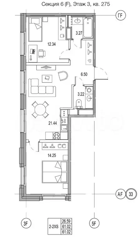 2-к. квартира, 61 м, 3/9 эт. - Фото 0