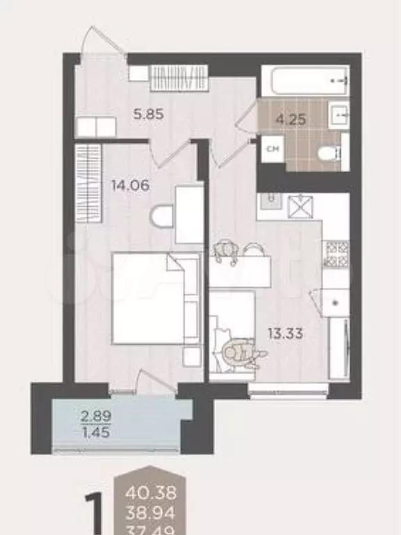 1-к. квартира, 38,9 м, 2/9 эт. - Фото 1