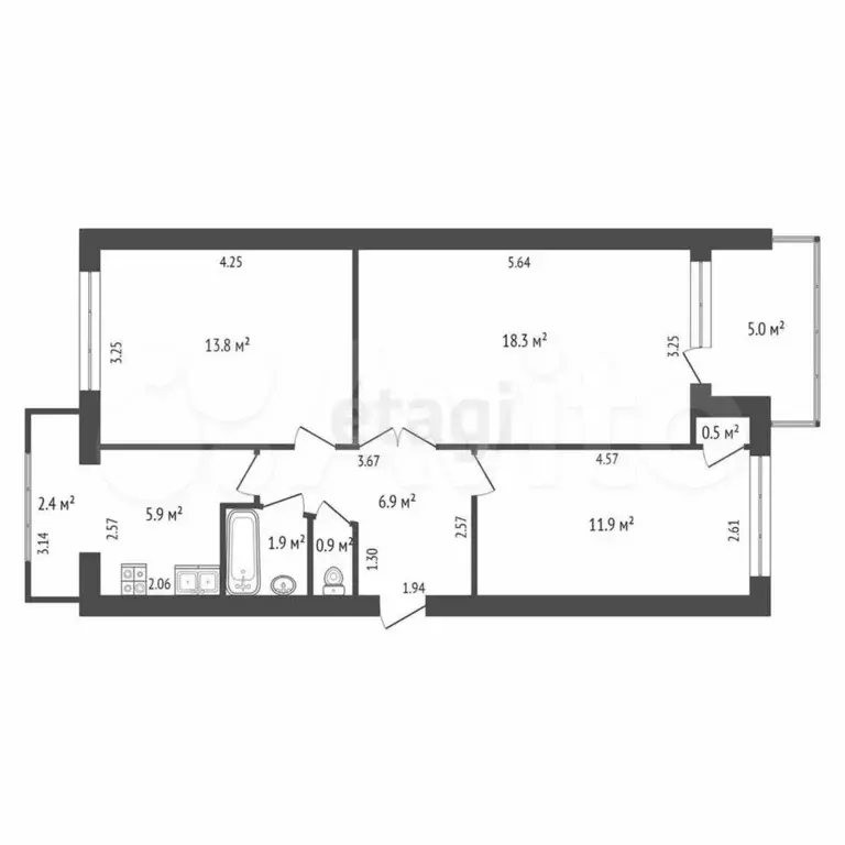 3-к. квартира, 62,5 м, 5/5 эт. - Фото 0