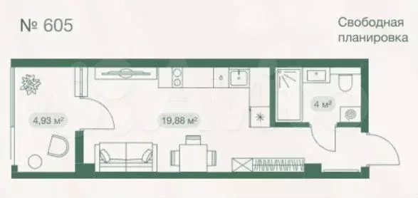 Апартаменты-студия, 28,8 м, 6/8 эт. - Фото 0