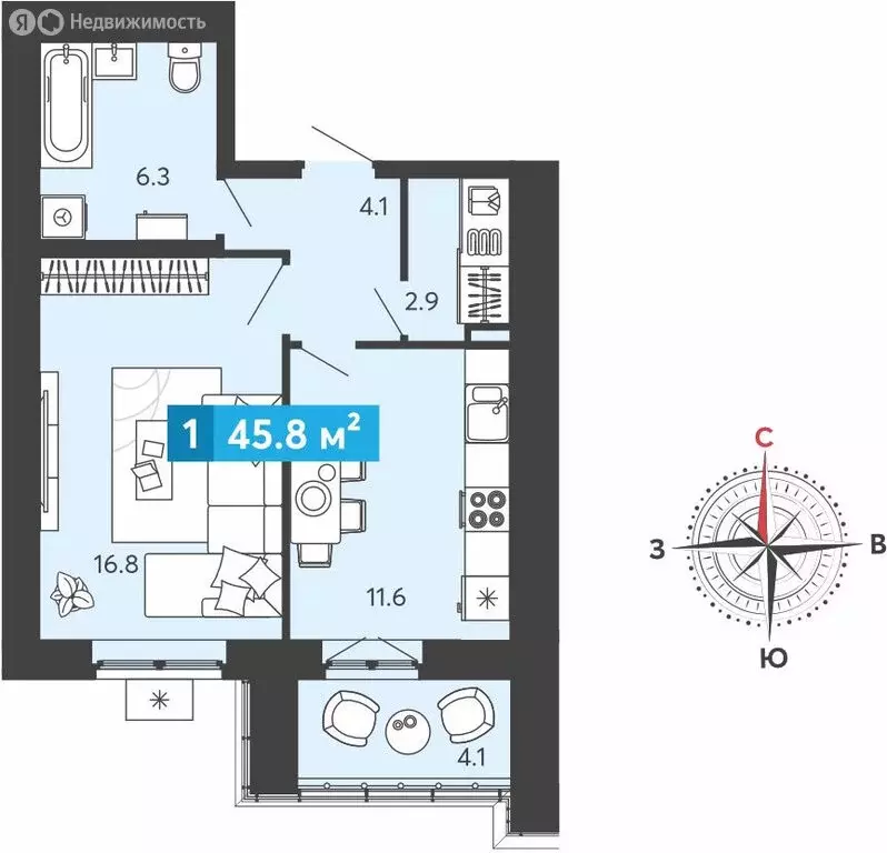 1-комнатная квартира: Засечное, микрорайон Город Спутник (45.8 м) - Фото 1