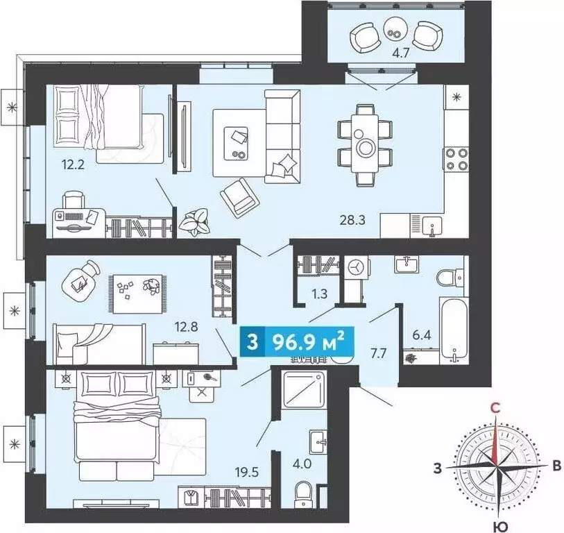 3-комнатная квартира: Засечное, Прибрежный бульвар, 5 (96.9 м) - Фото 1
