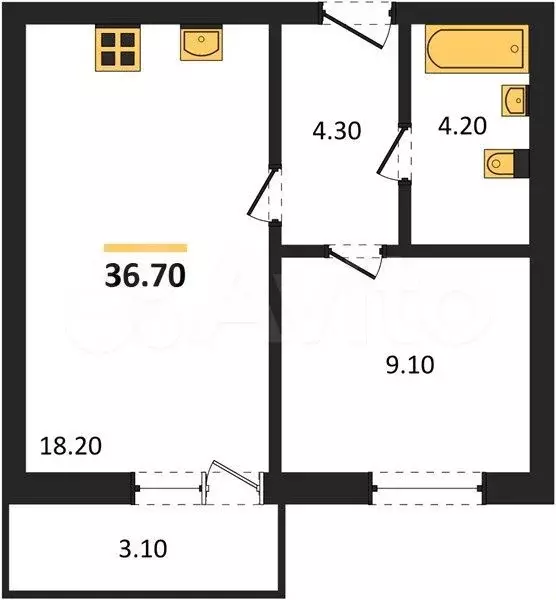 1-к. квартира, 36,7 м, 4/8 эт. - Фото 1