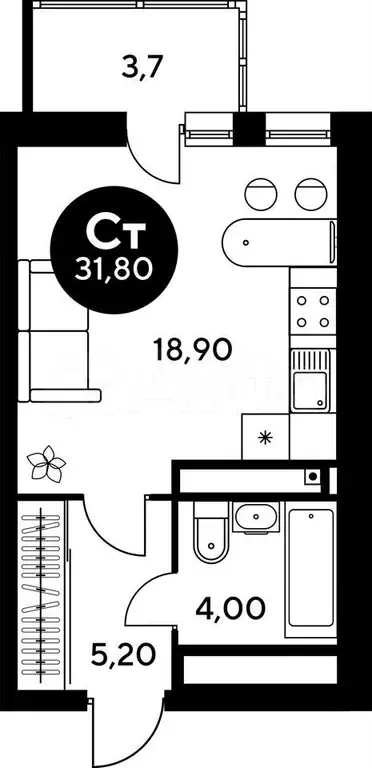 Квартира-студия, 31,8 м, 5/9 эт. - Фото 1