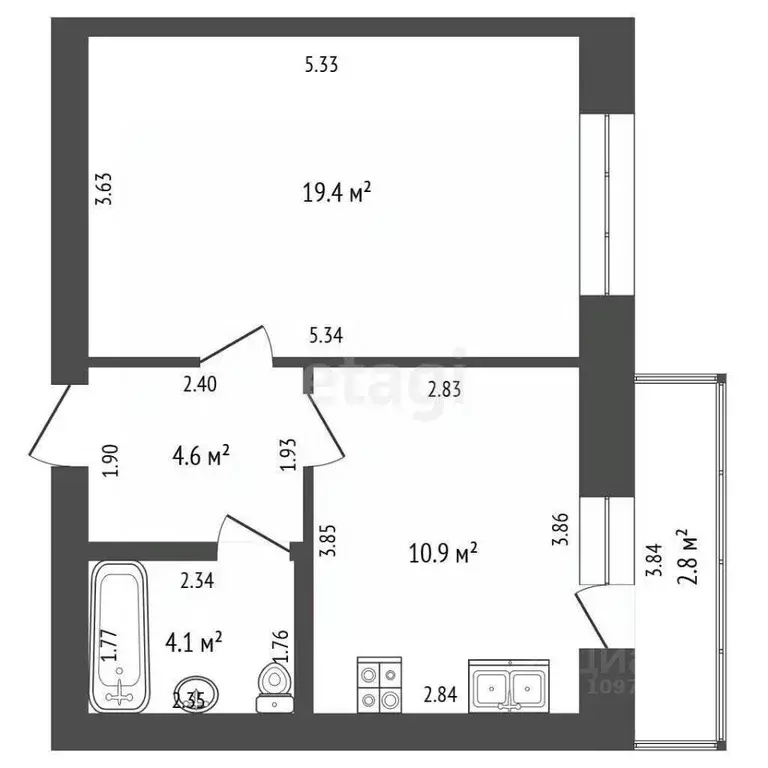 1-к кв. Башкортостан, Стерлитамак просп. Октября, 87 (39.0 м) - Фото 1