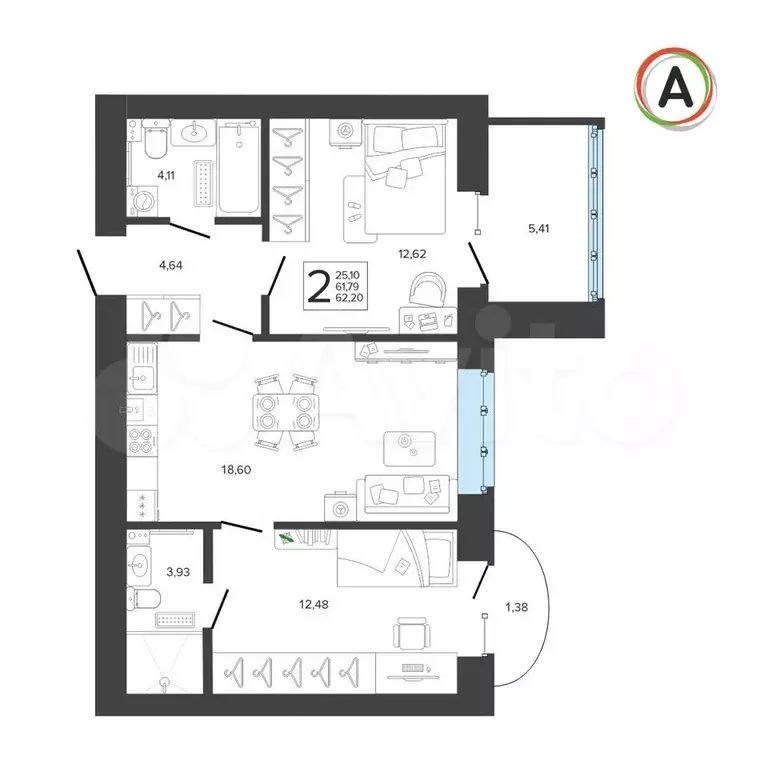 2-к. квартира, 62 м, 2/9 эт. - Фото 1