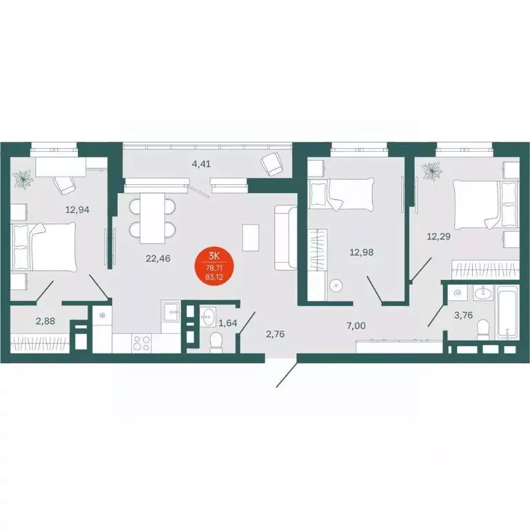 3-к кв. Тюменская область, Тюмень Одесская ул., 7к2 (78.71 м) - Фото 0
