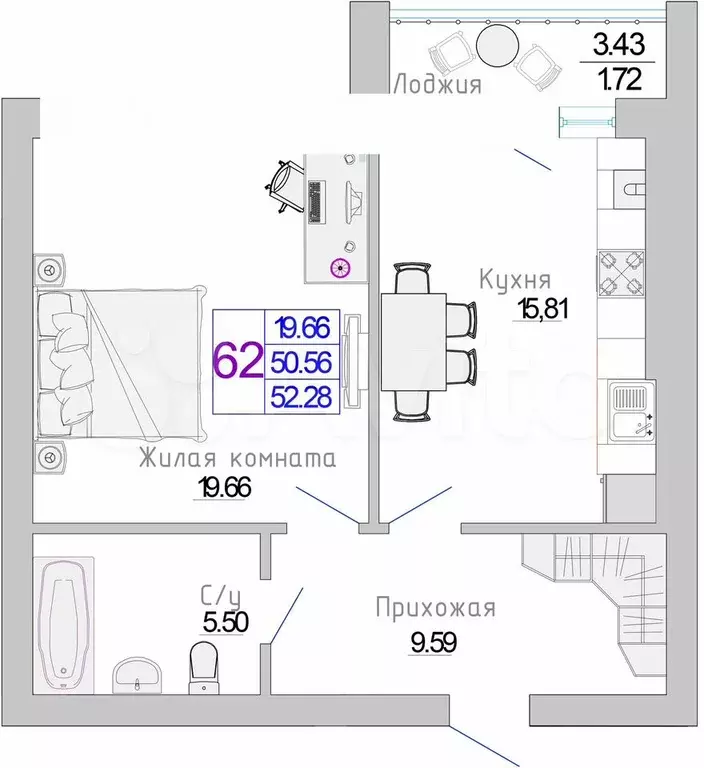 1-к. квартира, 52,3 м, 7/7 эт. - Фото 1