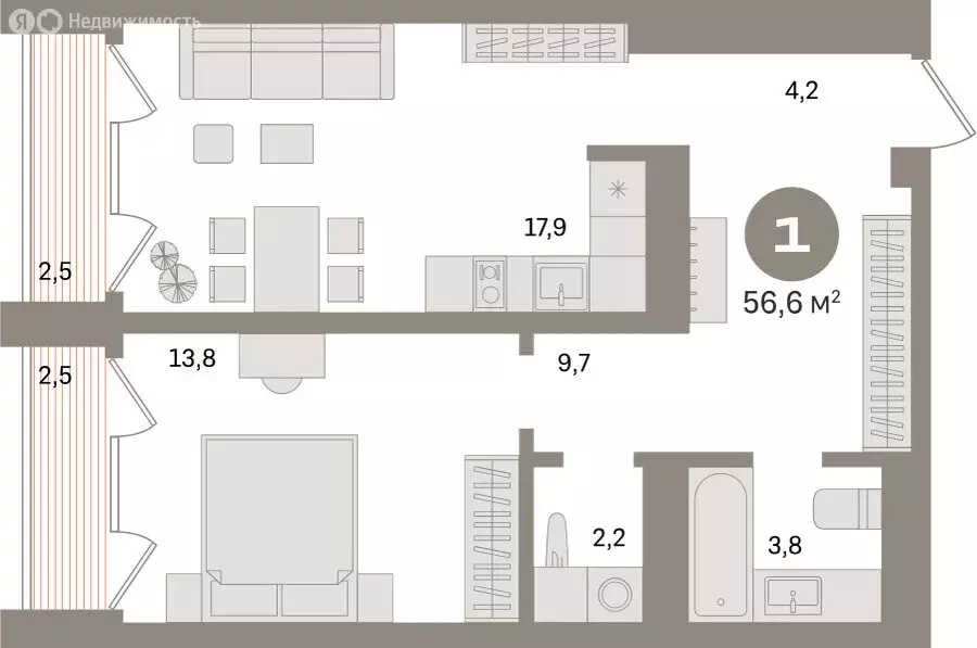 1-комнатная квартира: Екатеринбург, улица Советских Женщин (56.6 м) - Фото 1